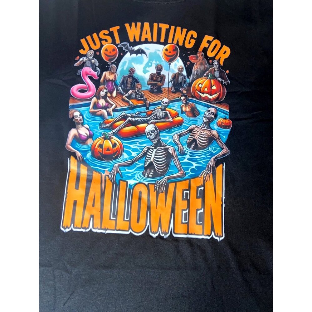 Just Waiting For Halloween Skeleton Pool Party Graphic Unisex Black T-Shirt XL